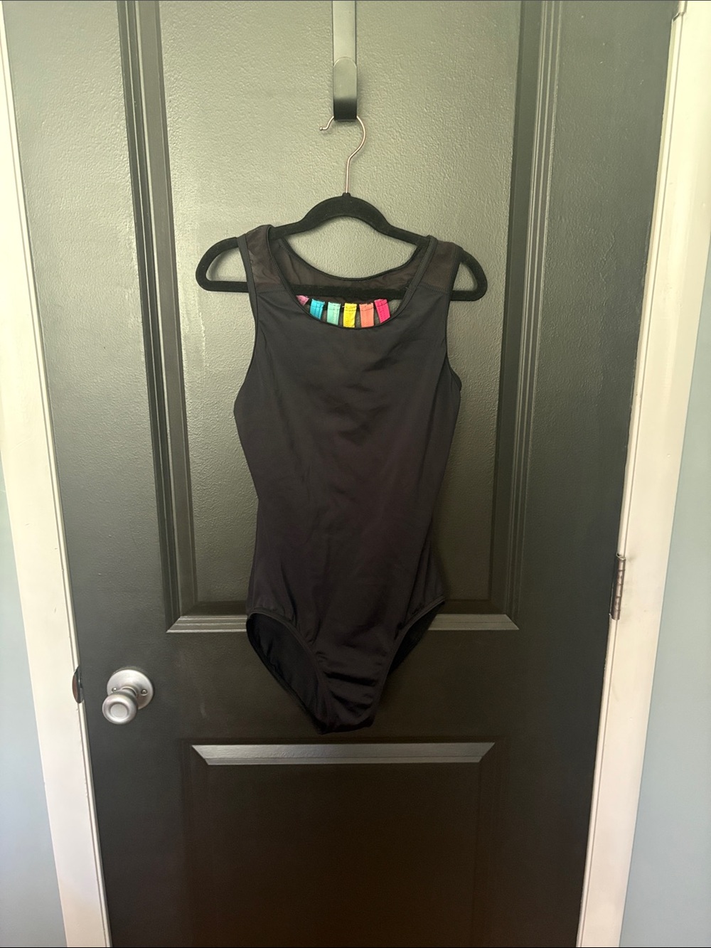 Balera small adult black leotard with mesh straps and rainbow detailing